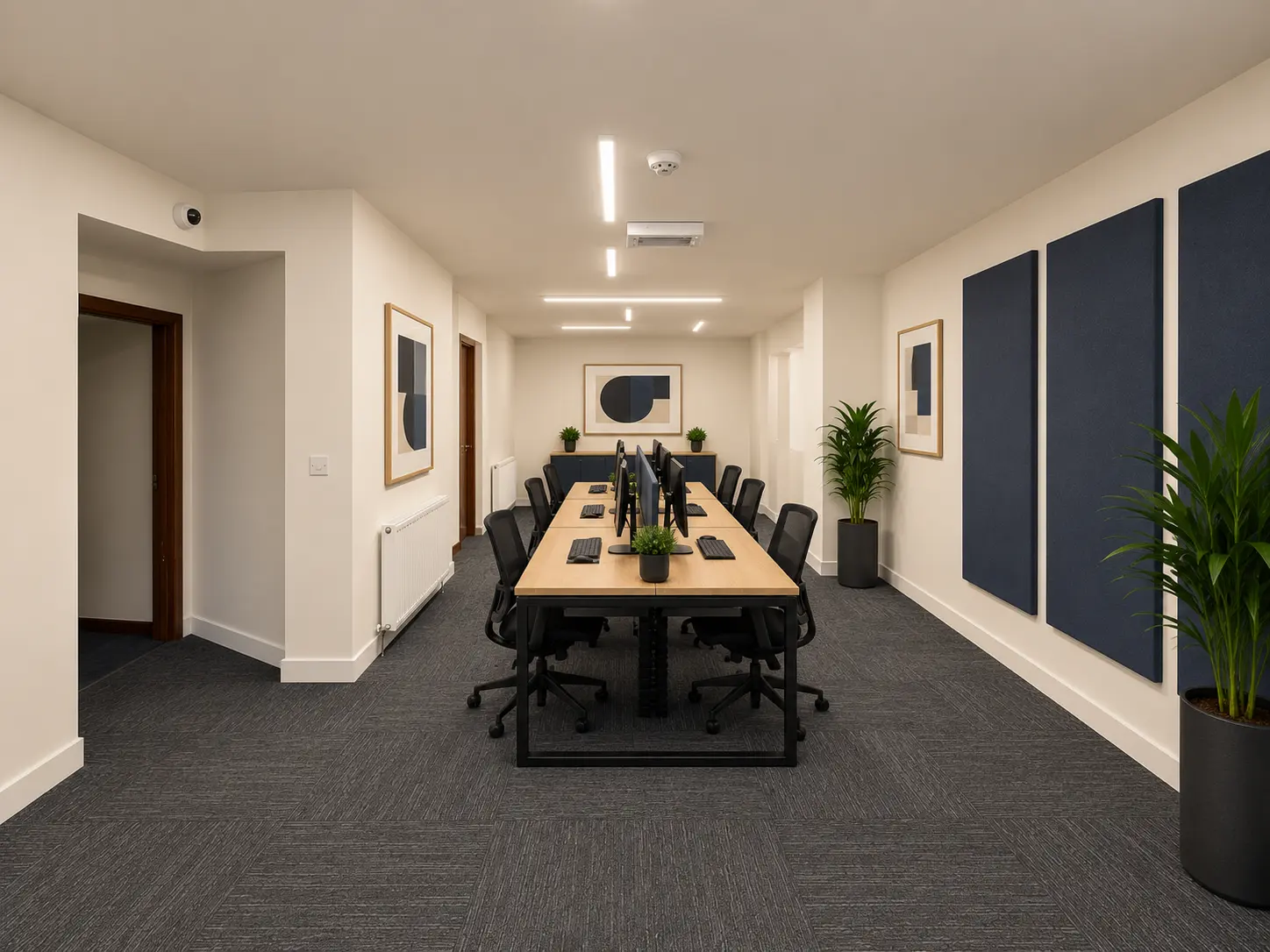 Furnished open-plan office with desks and acoustic panels at River House